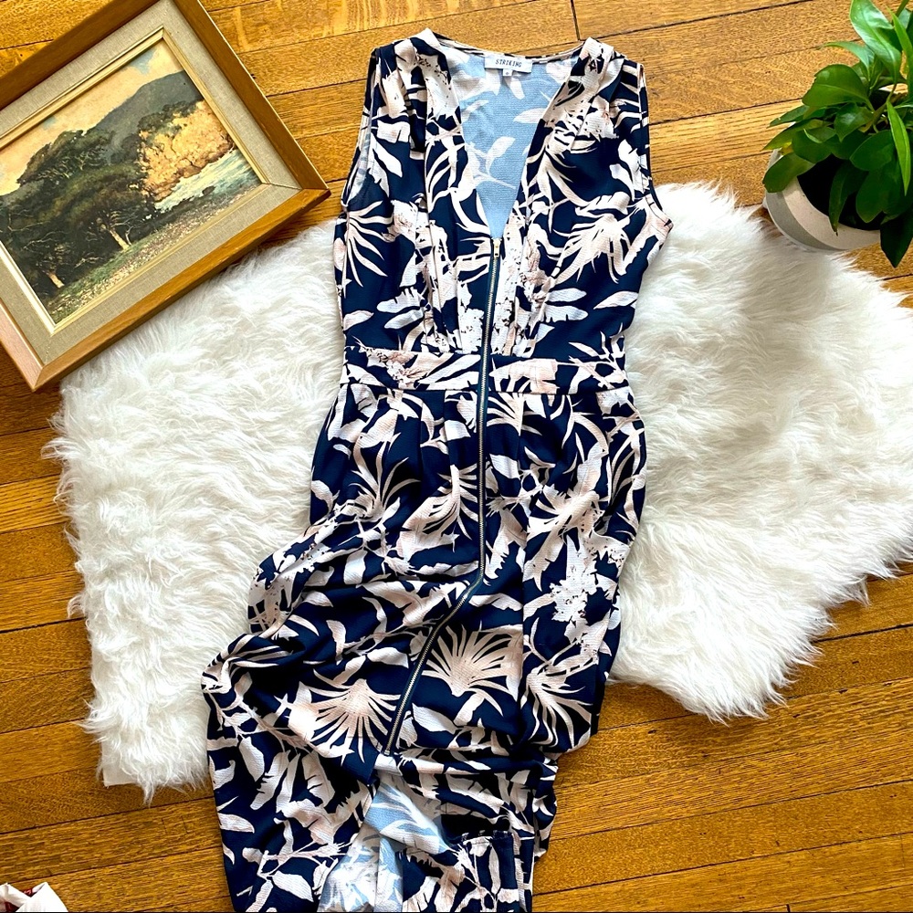Zip-Front Botanical Print Midi Dress